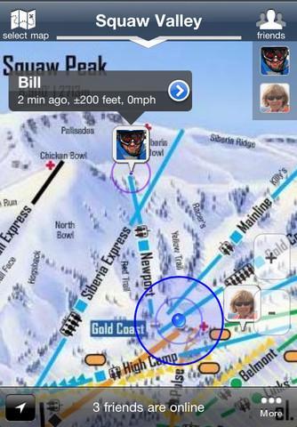 Maprika Gps on any map: A digital map of Squaw Valley ski resort, showing various trails and lifts. The map highlights the location of the user named Bill, displaying an elevation of 2,200 feet and a speed of 0 mph. Icons for friend connections are also visible, indicating three friends are online.