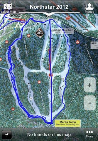 Maprika Gps on any map: A map of Northstar ski resort from 2012, featuring marked trails, terrain features, and symbols indicating facilities like the Martis Camp warming hut. The highlighted area outlines the ski routes.