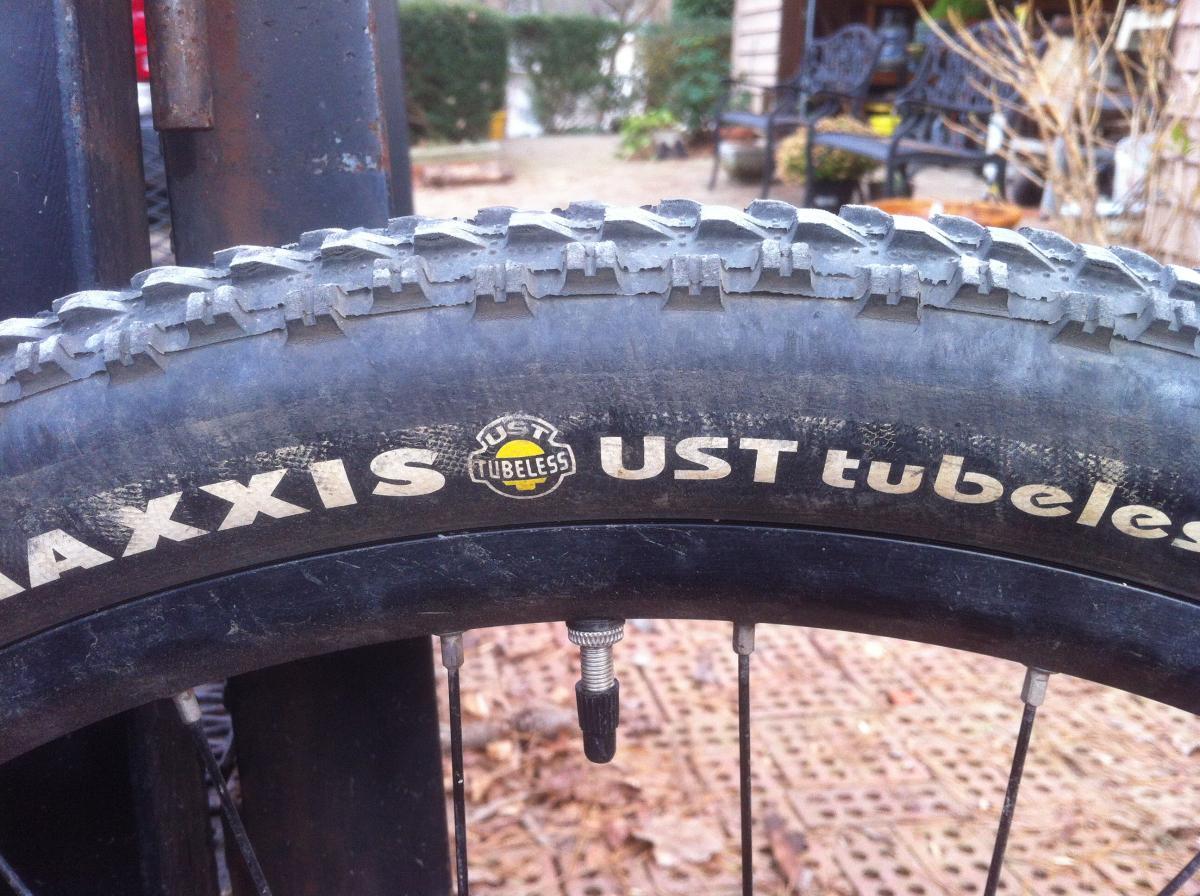 Maxxis Larsen TT: Close-up of a Maxxis bicycle tire showcasing the tread pattern and the "UST Tubeless" label. The image highlights the tire's rugged texture and a valve stem at the bottom, set against a blurred outdoor background.