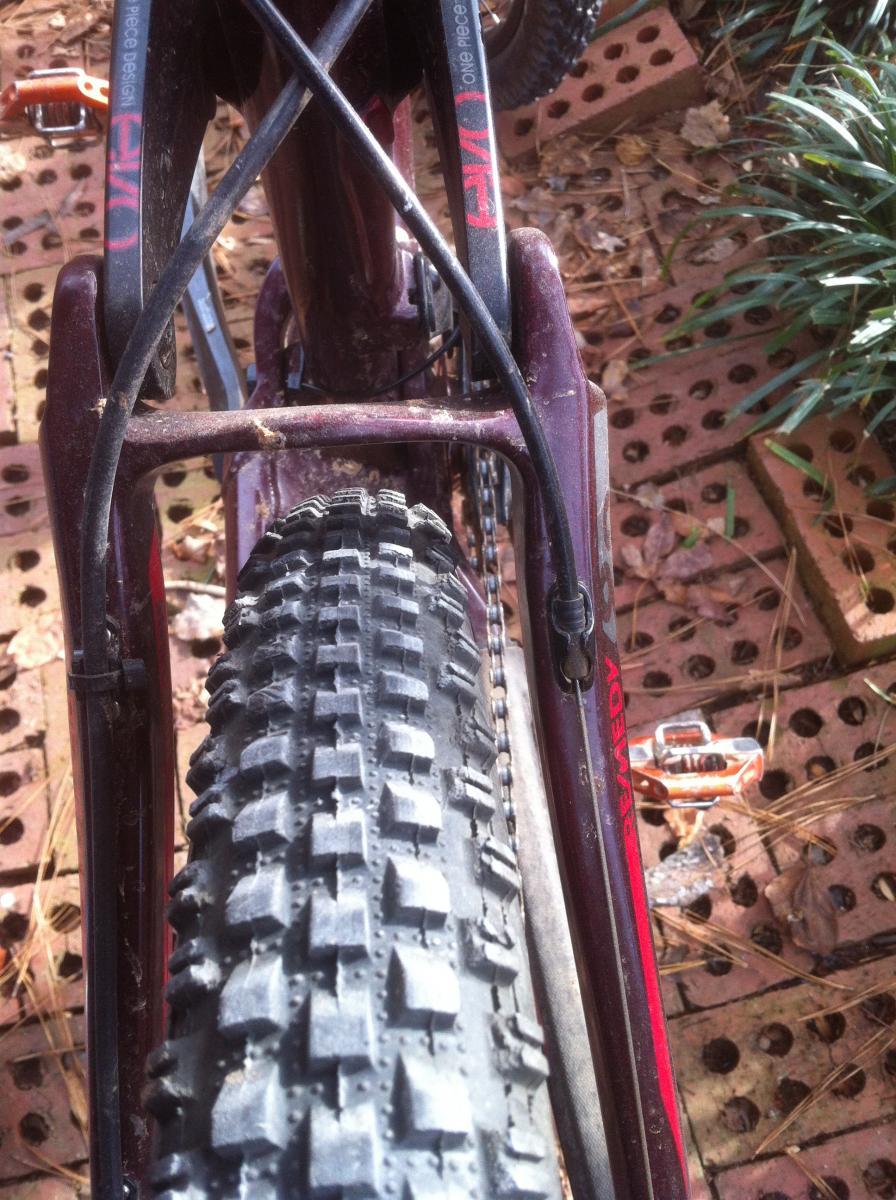 Maxxis Larsen TT: Close-up view of a mountain bike tire and frame, showcasing the tread pattern of the tire, and parts of the bike frame with markings. The background features a patterned brick surface and some vegetation.