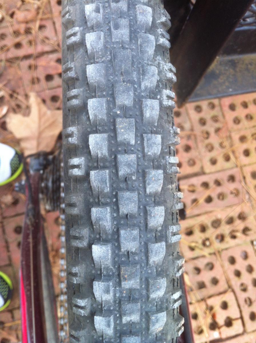 Maxxis Larsen TT UST: Close-up of a bicycle tire showing a textured tread pattern, with dirt particles visible on the rubber surface. A partially visible foot wearing a sneaker is in the foreground, and the tire is positioned against a background of patterned pavement and fallen leaves.
