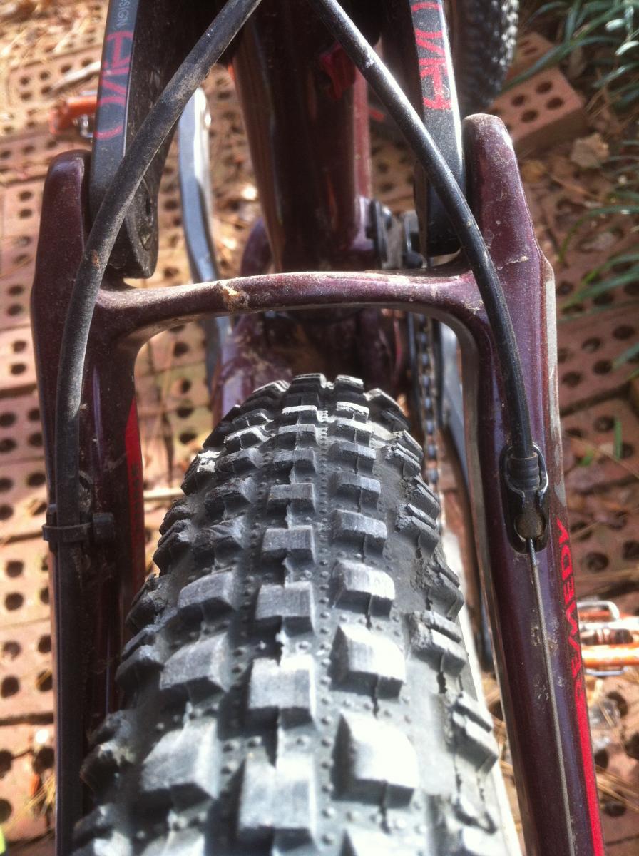 Maxxis Larsen TT: Close-up view of a mountain bike tire and frame, showcasing the rugged tread pattern of the tire and the structural components of the bike, with a background of uneven brick surfaces and some greenery.