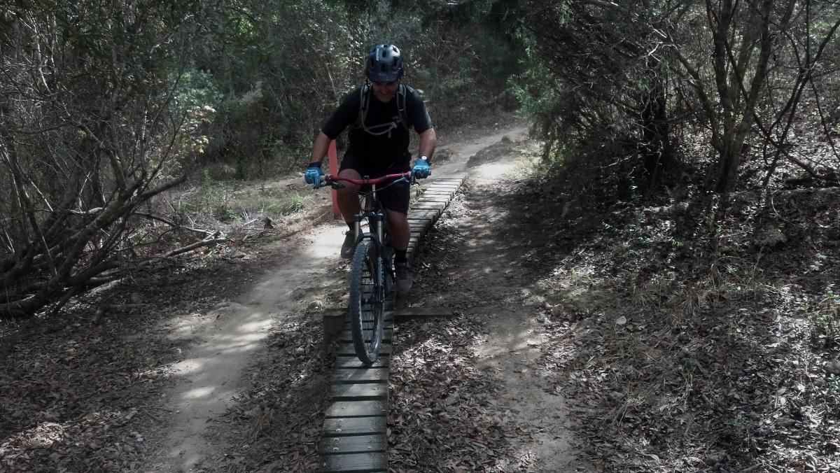 A mountain biker navigating a narrow wooden bridge along a dirt trail surrounded by trees and foliage. The biker is wearing a helmet and protective gear, focusing on maintaining balance while riding. Santos mountain bike trail.