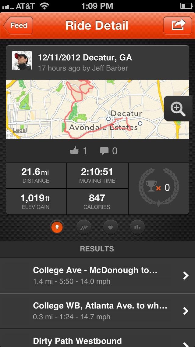 Strava: Screenshot of a cycling activity log, showing details of a ride in Decatur, GA on December 11, 2012. The stats include a distance of 21.6 miles, a moving time of 2 hours and 10 minutes, an elevation gain of 1,019 feet, and a total of 847 calories burned. The ride path is displayed on a map, with specific routes highlighted, and results of various segments listed below.