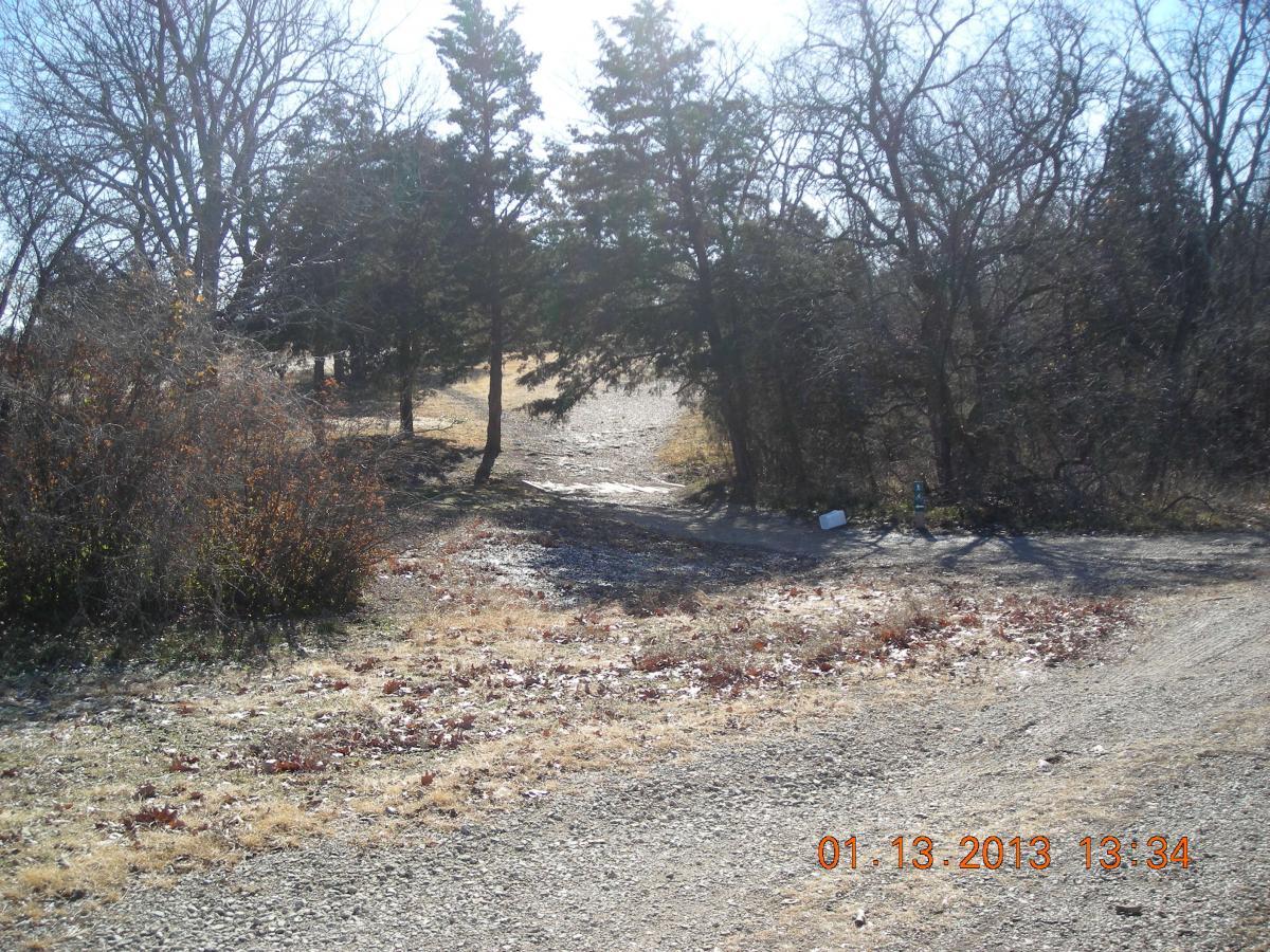 A path through a wooded area with sparse trees and bushes on either side. The ground is covered in gravel and dry grass, with some fallen leaves visible. The scene is illuminated by sunlight, indicating a clear day. The date in the bottom right corner reads January 13, 2013. Camp Alexander Trails mountain bike trail.
