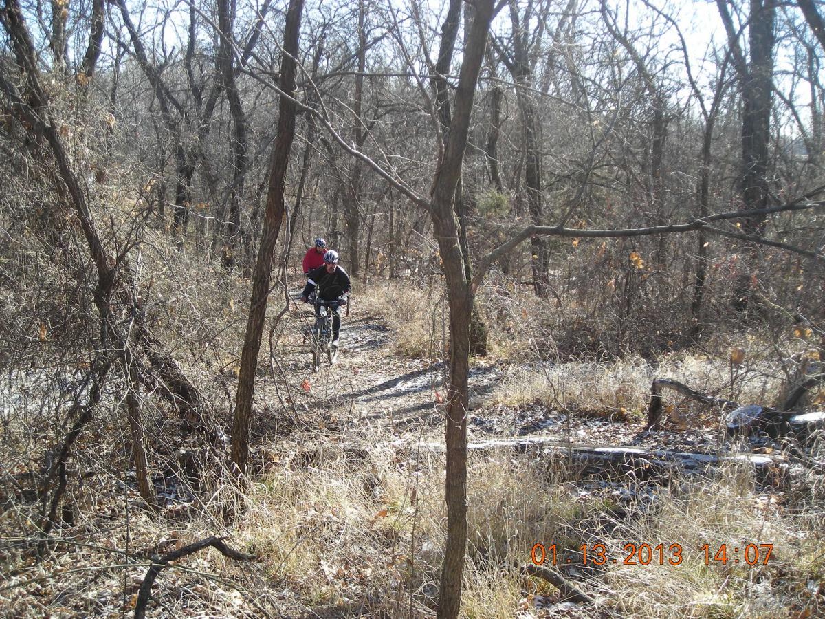 Two cyclists navigate a dirt trail through a wooded area with bare trees and sparse vegetation on a sunny day. The scene captures the essence of outdoor adventure and exploration. Camp Alexander Trails mountain bike trail.