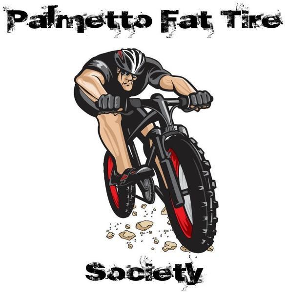 A dynamic illustration of a cyclist riding a fat tire bike, kicking up dirt, with the text "Palmetto Fat Tire Society" prominently displayed above and "Society" below. The cyclist is depicted in a racing position, wearing a helmet and sporting athletic attire.