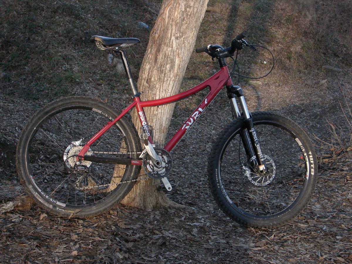 Surly Instigator: A red mountain bike leaning against a tree, surrounded by a natural landscape of dirt and fallen leaves. The bike features thick tires, a visible gear system, and a front suspension fork, indicating it's designed for off-road cycling.