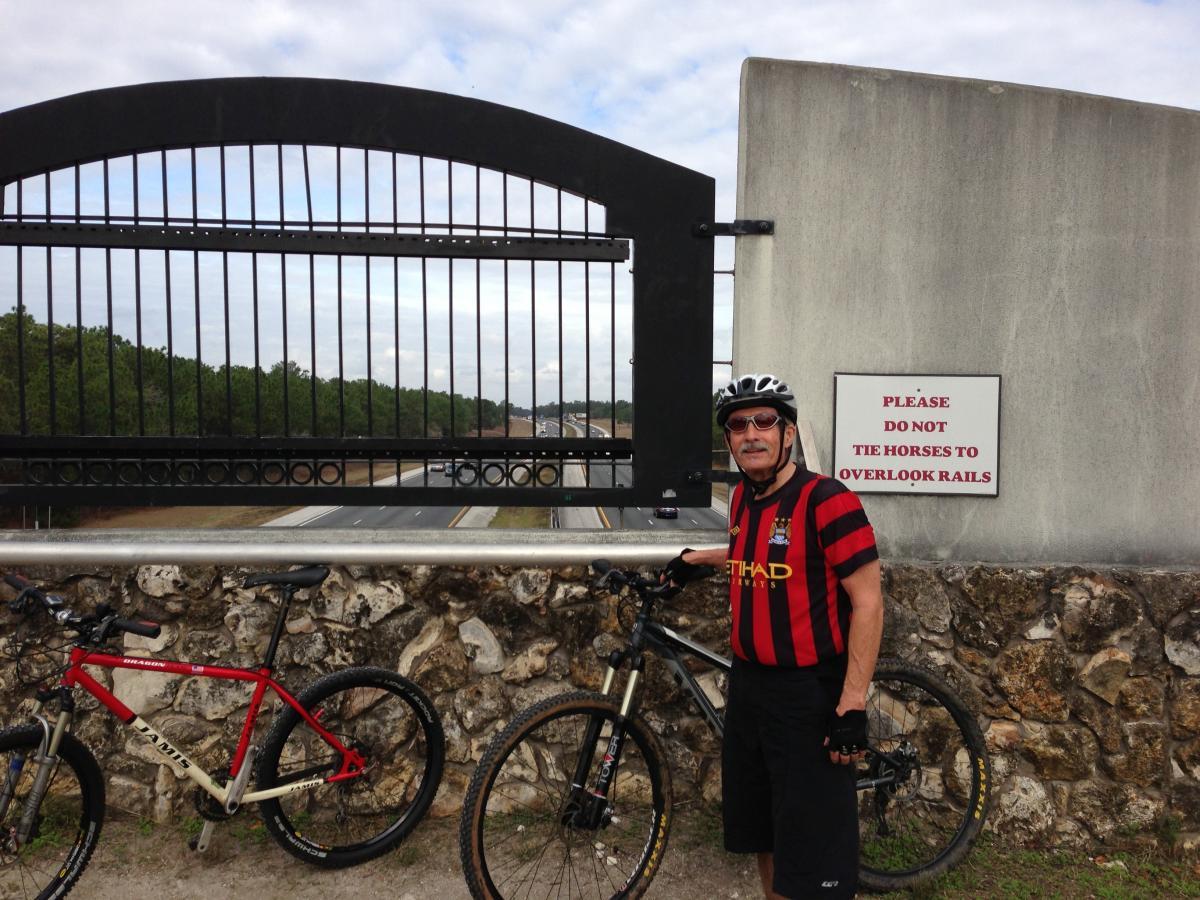 Trek Marlin: A cyclist wearing a black and red striped jersey and sunglasses stands next to two bikes at a gated overlook. In the background, a sign reads "PLEASE DO NOT TIE HORSES TO OVERLOOK RAILS," and a road with vehicles can be seen below, surrounded by trees. The sky is partly cloudy.