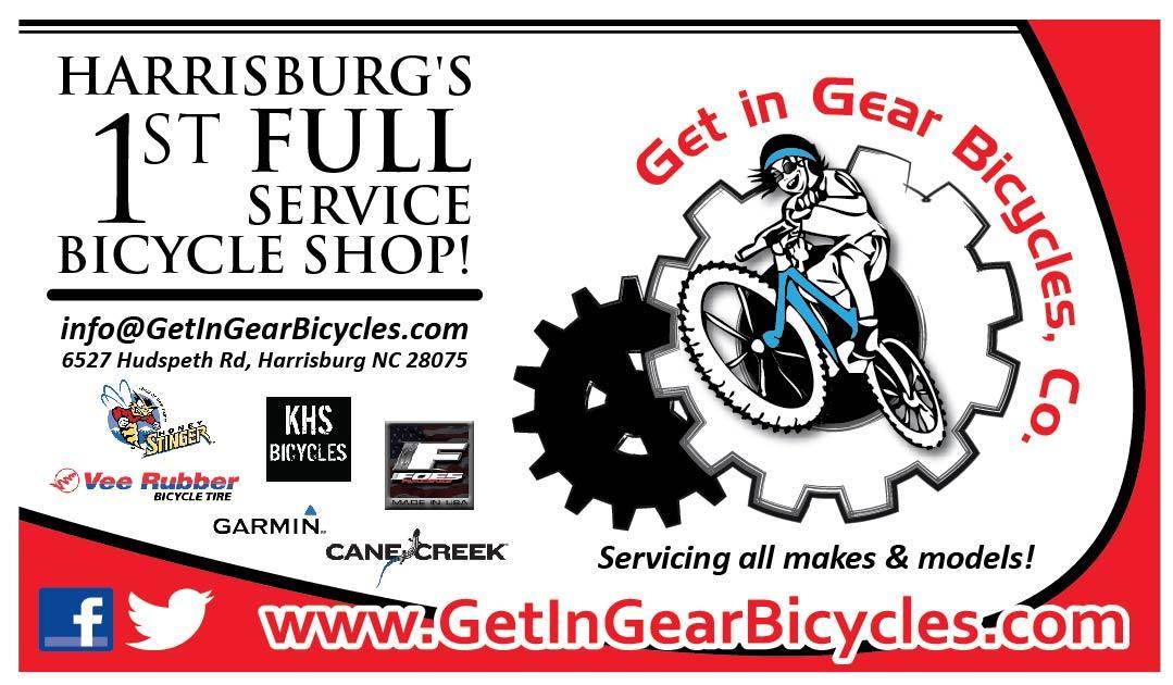 Graphic advertisement for "Get in Gear Bicycles," Harrisburg's first full-service bicycle shop. It includes contact information, location details, and logos of various bicycle brands and accessories, featuring an illustration of a cyclist. The text highlights the services offered, including servicing all makes and models.
