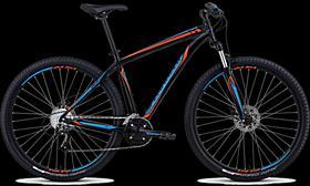 Specialized Hardrock Sport Disc 29er: Black mountain bike with colorful accents in red, blue, and orange, featuring large wheels, disc brakes, and a modern design against a black background.