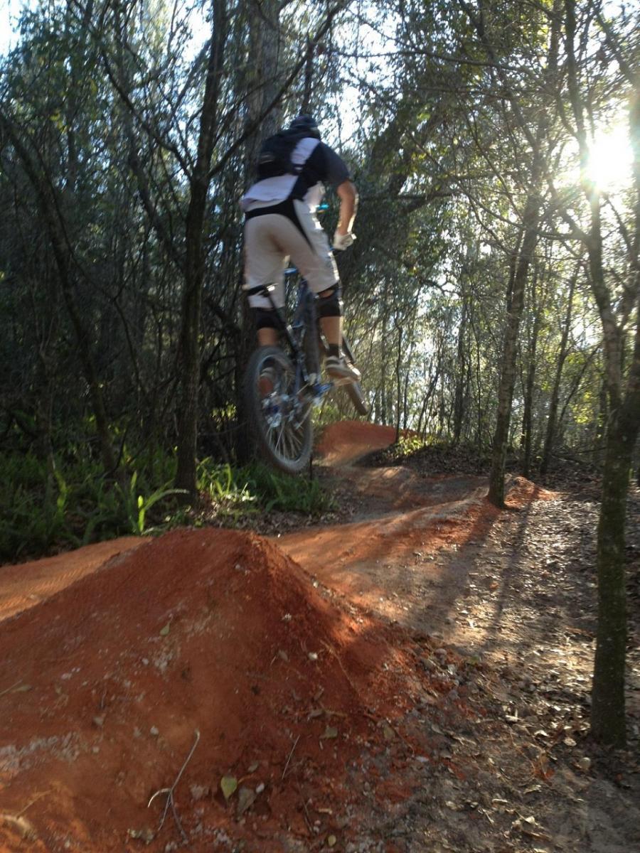 A mountain biker jumping off a dirt ramp in a wooded area, with sunlight filtering through the trees. The biker is wearing protective gear and is mid-air over a reddish dirt jump, showcasing a dynamic action shot. Alafia River State Park mountain bike trail.