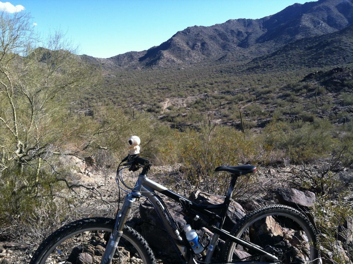 Mountain bike resting on rocky terrain with a scenic view of mountains and desert vegetation in the background, featuring a small toy on the handlebars. Estrella Mountain Park mountain bike trail.