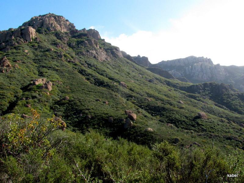 A picturesque view of a green, rolling hillside with rocky outcrops under a bright blue sky, showcasing lush vegetation and rugged terrain. Los Robles Trail (Western Section) mountain bike trail.