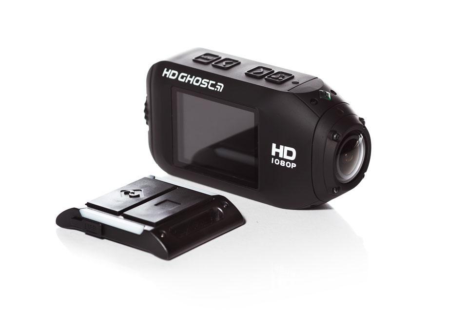 Drift Innovation HD Ghost: A compact HD action camera with a sleek black design, featuring a lens and a small display screen on one side. It is shown with a mounting base attached. The camera is labeled "HD 1080P," indicating its high-definition video recording capability.