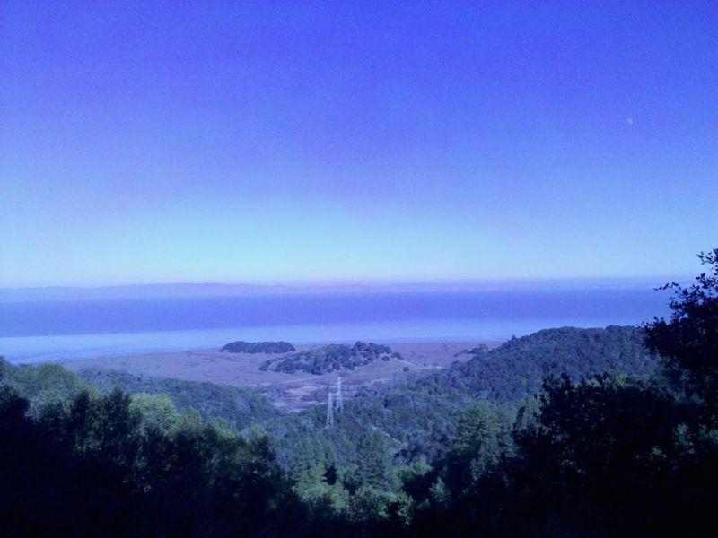 A panoramic view of a landscape featuring rolling hills, a distant coastline, and a clear blue sky at twilight. The foreground includes lush greenery, while the background showcases a serene horizon over the water with shades of blue and purple. A power line is visible in the mid-ground, blending into the natural scenery. China Camp mountain bike trail.