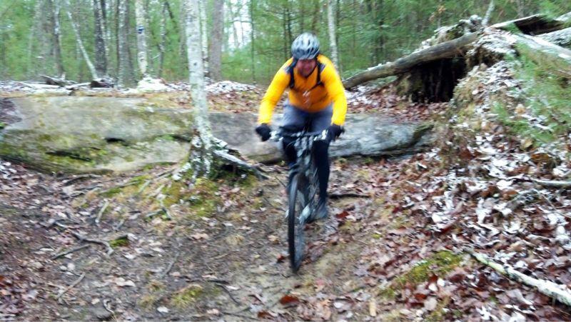 A person riding a mountain bike on a forest trail, wearing a helmet and a bright yellow long-sleeve shirt. The ground is covered with leaves and roots, with a large boulder and fallen logs nearby, indicating a natural, rugged terrain. Big South Fork mountain bike trail.