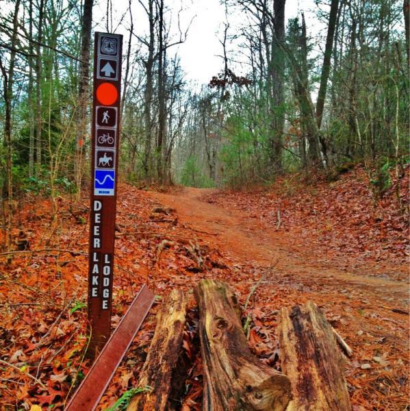 A dirt trail winding through a wooded area, with a signpost labeled "Deer Lake Lodge" indicating directions for hiking, biking, and nearby facilities. The ground is covered in fallen leaves, and there are logs beside the trail, suggesting a natural setting. Bent Creek mountain bike trail.