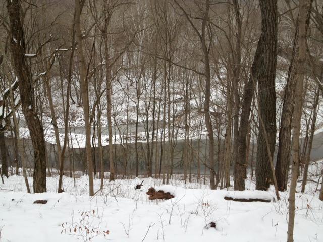 A serene winter landscape featuring a snow-covered hillside with bare trees and a winding river in the background. The ground is blanketed in fresh snow, creating a tranquil atmosphere. Versailles State Park mountain bike trail.