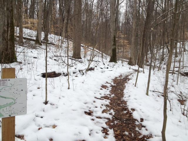 A snowy trail winding through a leafless forest, with trees on either side and a trail map mounted on a wooden post nearby. The ground is partially covered in snow, mixed with fallen leaves, indicating a winter setting. Versailles State Park mountain bike trail.