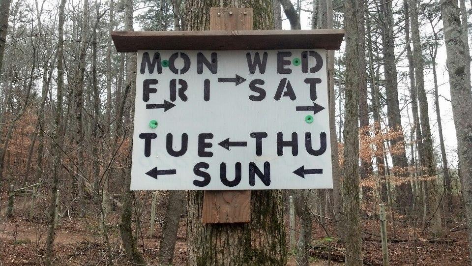 A sign mounted on a tree in a forest, indicating directions for the days of the week. The days "MON," "WED," "FRI," and "SAT" are positioned on the top, with arrows pointing right, while "TUE," "THU," "SUN," and "SAT" are on the bottom, with arrows pointing left. The sign features large, bold letters on a white background. Charleston Park mountain bike trail.