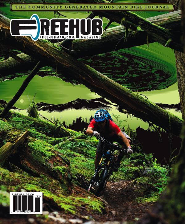 Freehub Mountain Bike Journal: A mountain biker navigates a lush, green forest trail, surrounded by moss-covered rocks and fallen logs, with vibrant, stylized graphics in the background. The image features the magazine title "Freehub" prominently at the top, indicating a focus on mountain biking culture and community.