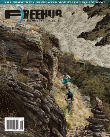 Freehub Mountain Bike Journal: Cover of a mountain biking magazine titled "Freehub." The illustration features two mountain bikers navigating a rugged, rocky terrain with steep cliffs in the background and dramatic clouds overhead. The text includes the magazine's title and tagline about being a community-generated journal.