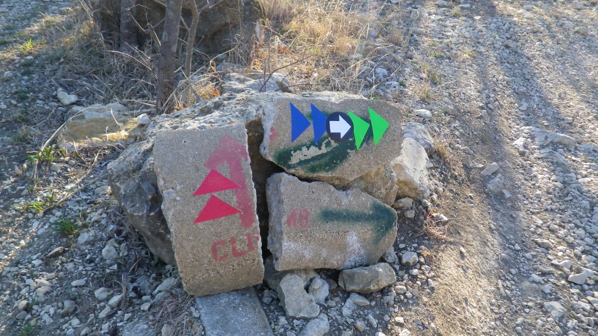 A close-up view of a rock marker on a pathway, featuring various colorful directional arrows painted on the stone. The arrows are in shades of red, blue, black, and green, indicating different routes or guidance for hikers. The surrounding area is rocky and grassy, with a dirt path visible in the background. Sansom Park mountain bike trail.