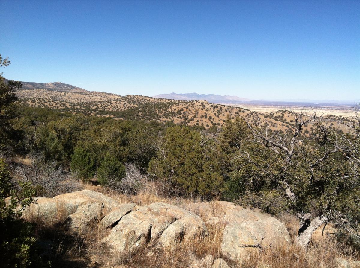 A panoramic view of rolling hills and rocky terrain under a clear blue sky, dotted with sparse vegetation and trees. The distant mountains stretch along the horizon, showcasing a natural landscape characteristic of arid regions. Brown Canyon mountain bike trail.