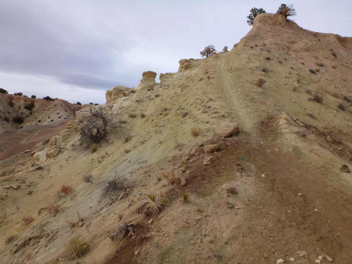A rocky hillside with a steep path leading to the top, surrounded by dry, cracked earth and sparse vegetation. The sky is overcast, featuring a mix of gray clouds. In the background, rolling hills can be seen, showcasing various shades of brown and tan. White Ridge Bike Trails mountain bike trail.