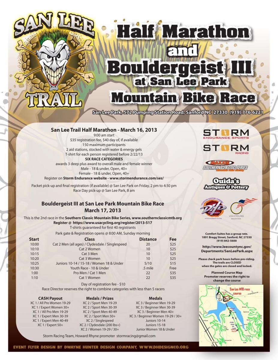 Alt text: A colorful event flyer for the San Lee Trail Half Marathon and Bouldergeist III Mountain Bike Race at San Lee Park, featuring details about the race dates, registration fees, start times for different categories, and contact information. The design includes a logo and a map of the race course. San-lee Park mountain bike trail.