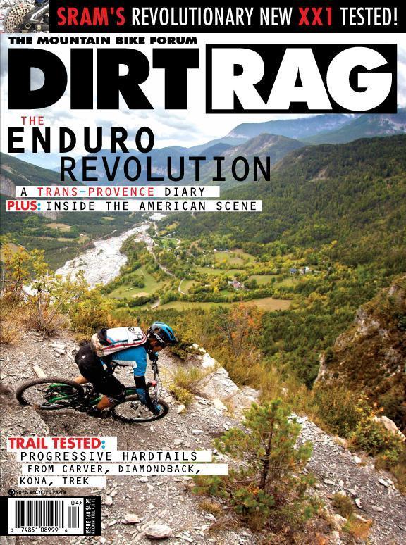 * Dirt Rag: Cover of Dirt Rag magazine featuring a mountain biker navigating a rocky trail on a hillside, overlooking a scenic valley with a river and trees in the background. The headline reads "The Enduro Revolution," and additional text includes features on SRAM