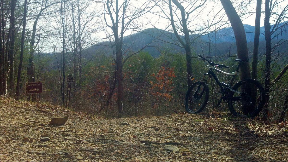 A mountain bike resting against a tree on a dirt trail, surrounded by bare trees and scenic mountain views in the background. Trail signs are visible in the foreground, indicating directions for mountain biking routes. Tanasi Trail System mountain bike trail.