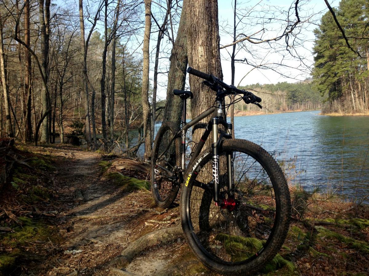 A mountain bike leaning against a tree near a tranquil lake, surrounded by bare trees and a winding dirt path. Sunlight filters through the branches, illuminating the scene in a serene outdoor setting. Lake Russell Loop mountain bike trail.