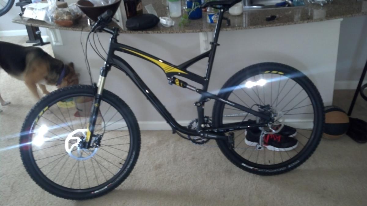 Specialized Camber 29: A black mountain bike with yellow accents stands on a carpeted floor, next to a kitchen counter. The bike features thick tires and a sleek frame. In the background, there is a dog sniffing around a bowl, and various items are visible on the countertop.