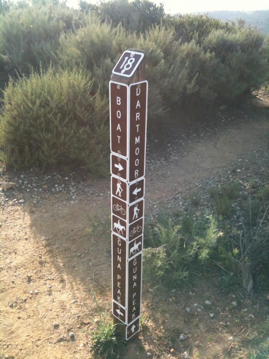 A trail marker post displaying various directional signs for outdoor activities such as boating, hiking, and biking. The post is labeled with the number 18 and features arrows pointing toward Dartmoor and Guna Peak, surrounded by shrubs and a natural landscape. Boat Road mountain bike trail.