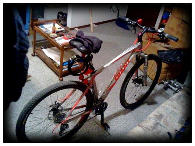 Giant Revel 1: A mountain bike is leaning against a couch in a living room. The bike features a silver and red frame with thick tires and various accessories mounted on the handlebars, including a helmet and a water bottle. In the background, there is a wooden coffee table with magazines and a bottle, along with a glimpse of a tan armchair and some home decor.