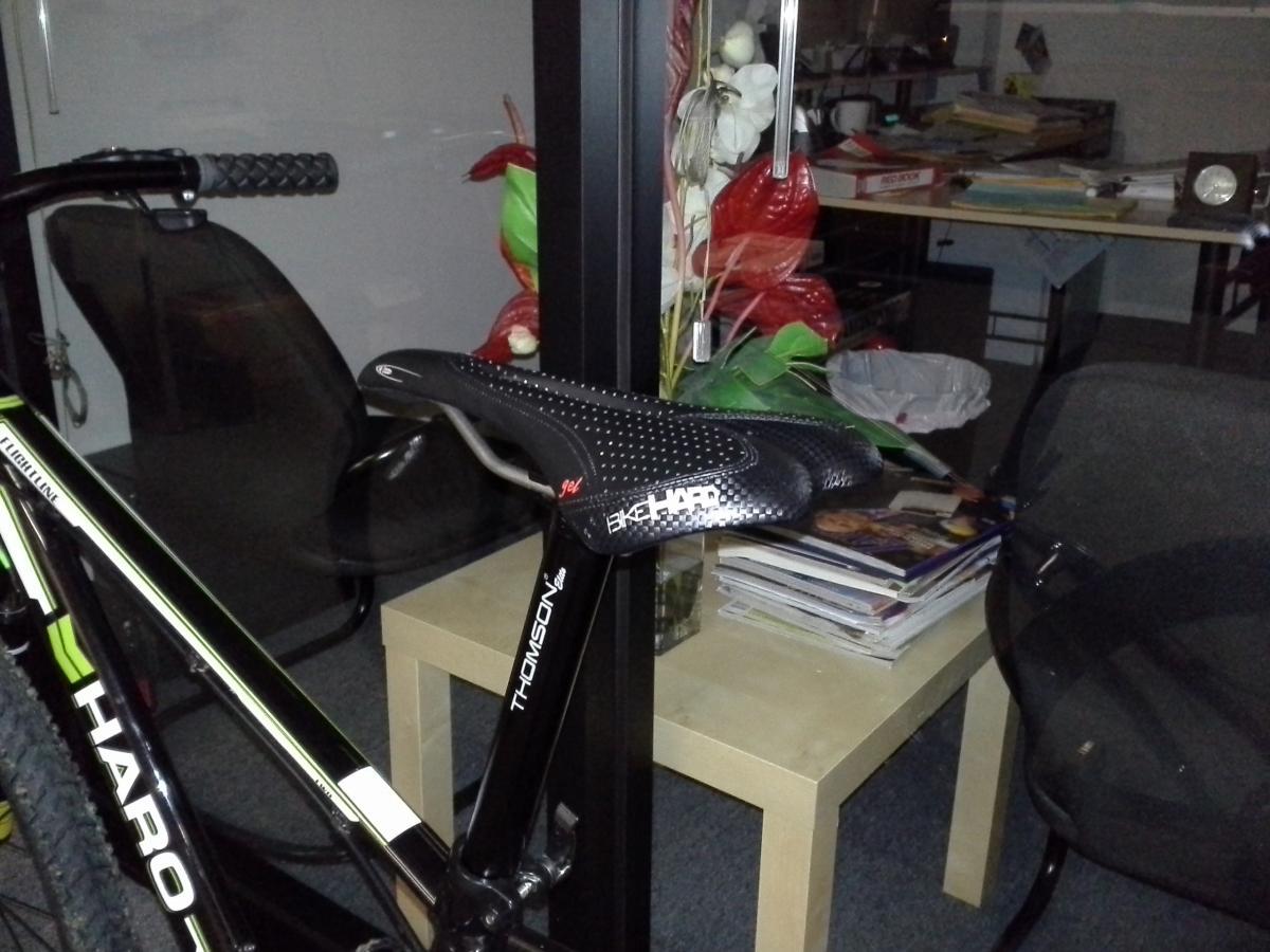 Haro 2013 Haro Flightline Two: A black and green bike is propped up indoors, showcasing its sleek frame and a detailed saddle labeled “Thomson.” In the background, there’s a small table cluttered with magazines and a decorative arrangement of flowers. A chair is visible nearby, contributing to the indoor setting.