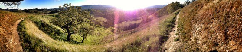 A panoramic view of rolling hills at sunset, featuring winding trails bordered by lush green grass and trees. The sun is setting on the horizon, casting a warm glow over the landscape, with vibrant colors illuminating the scene. Shell Ridge Open Space mountain bike trail.