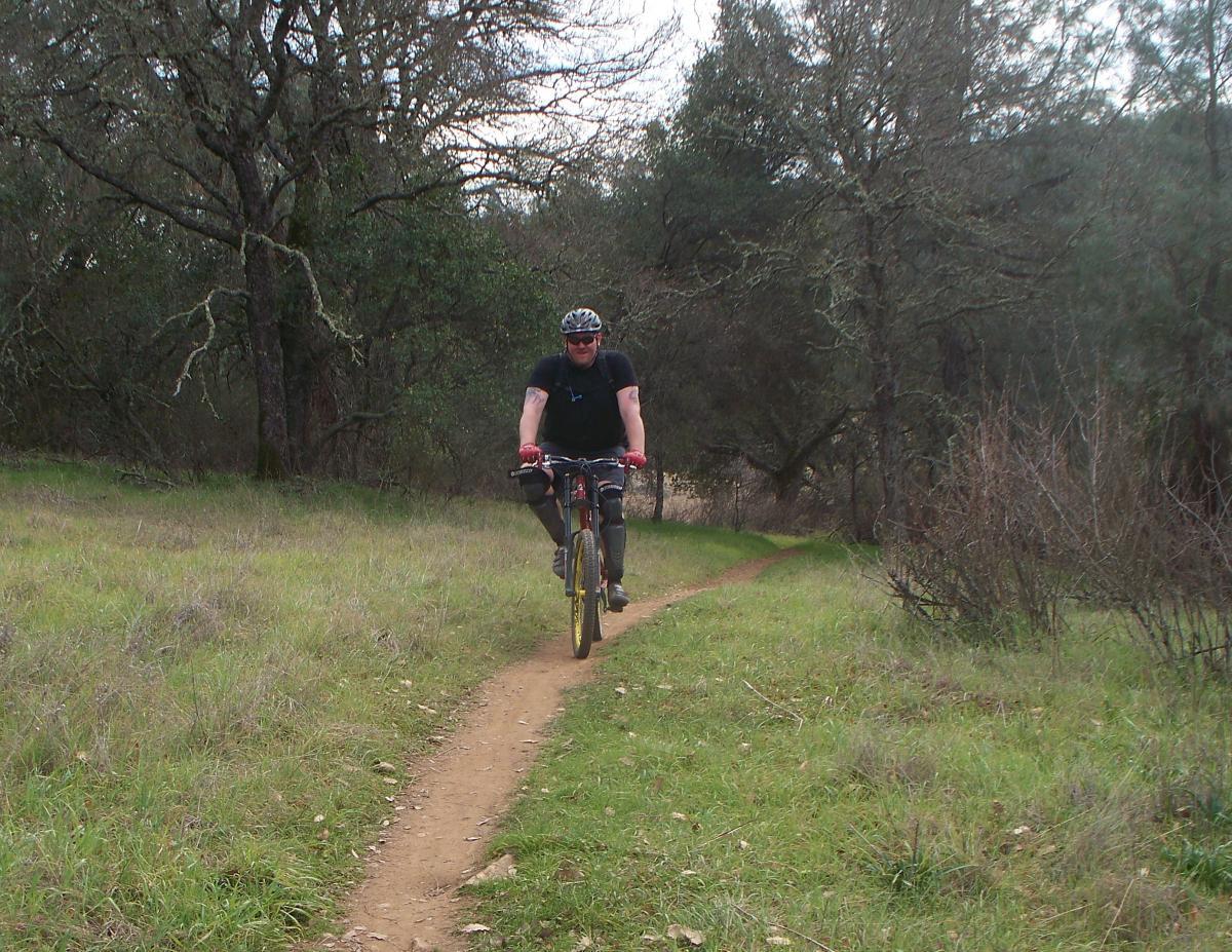 A person riding a mountain bike along a dirt path in a green, wooded area with trees and shrubs in the background. Sweetwater Trail mountain bike trail.