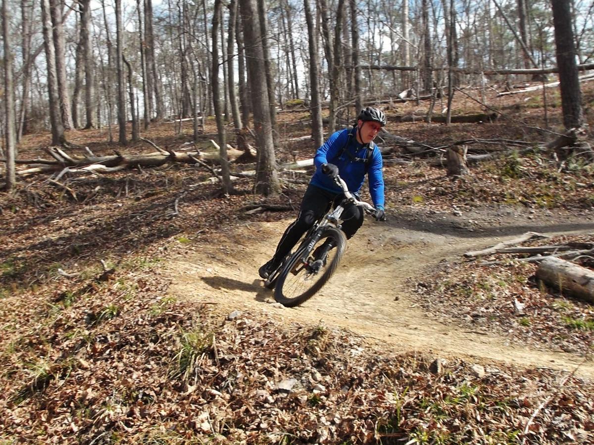 A person wearing a blue long-sleeve shirt and a helmet rides a mountain bike along a dirt trail in a forested area. The trail curves to the right, surrounded by trees and fallen branches, with scattered leaves on the ground. The scene captures the excitement of mountain biking in nature. Harbison State Forest mountain bike trail.