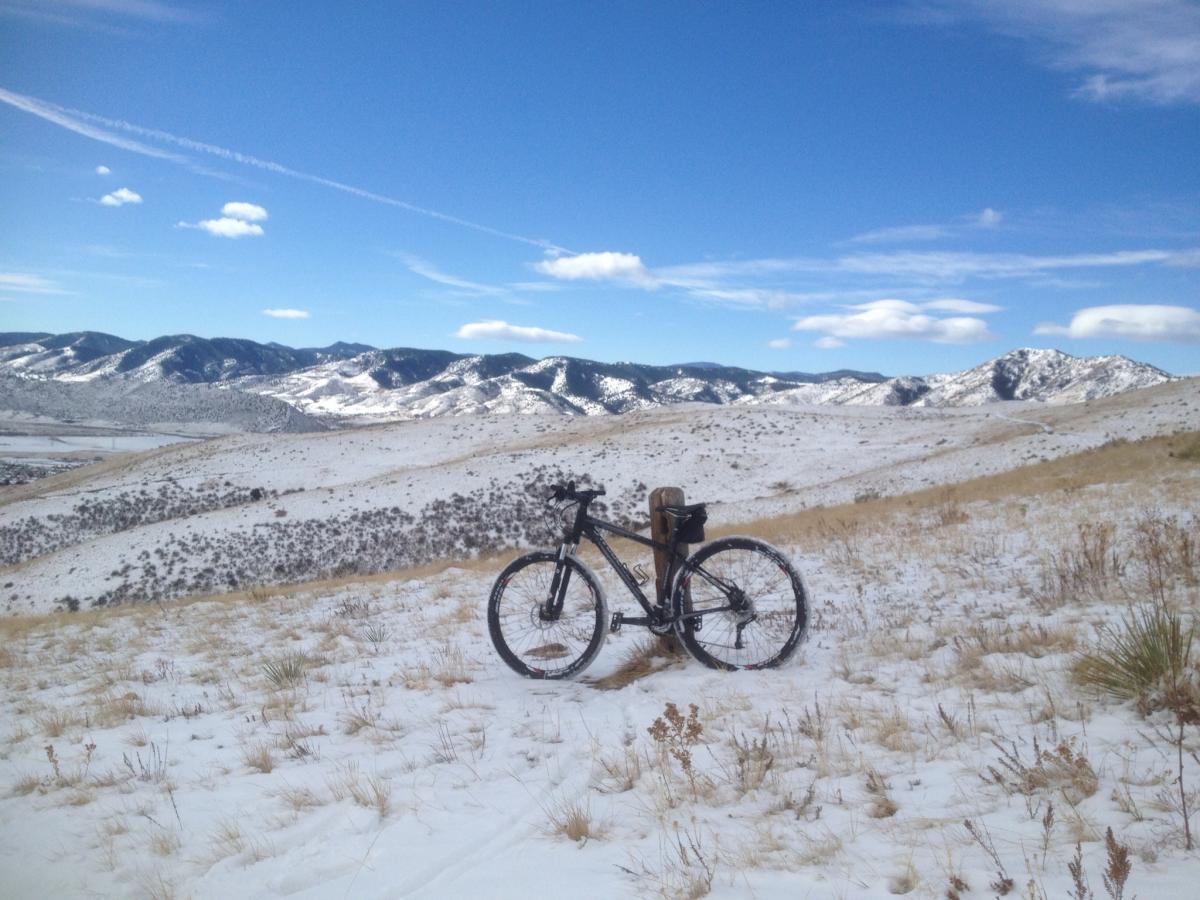 Cannondale Trail SL 29: A mountain bike positioned on a snowy hillside, overlooking a range of mountains under a clear blue sky. The landscape is dotted with patches of grass and shrubs, and snow covers the ground, suggesting a winter setting.