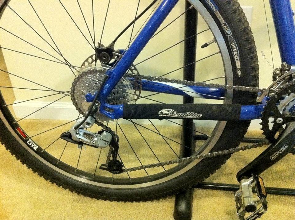 Giant Ranier: Close-up view of a blue mountain bike's rear drivetrain, featuring the rear cassette, derailleur, and chain. The image showcases the bike's components positioned on a stand with carpet flooring in the background.