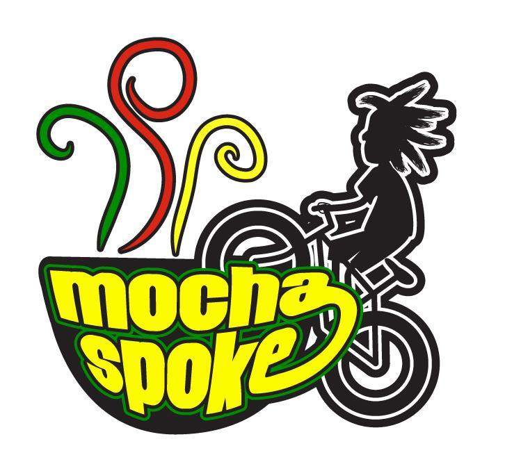 A colorful logo featuring the text "mocha spoke" in bright yellow letters, accompanied by a stylized silhouette of a person riding a bicycle. Above the text, there are playful swirls in red and green resembling steam or coffee aromas, adding a dynamic and energetic feel to the design.