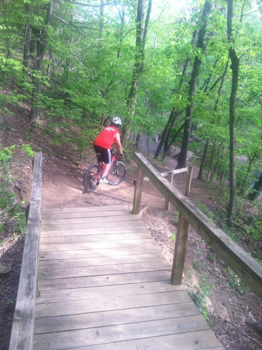 A cyclist wearing a red shirt and helmet is descending a wooden ramp on a mountain biking trail surrounded by lush green trees and foliage. The path continues down into the wooded area, indicating an active outdoor adventure scene. Spadra Creek Nature Trail mountain bike trail.