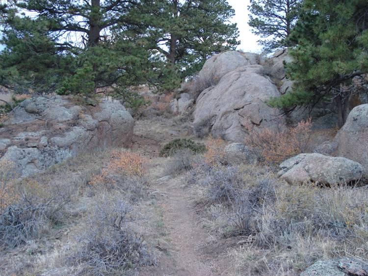 A narrow dirt path winds through a rocky terrain, surrounded by scattered boulders and patches of dry grass and shrubs. Pine trees rise in the background against a cloudy sky. Curt Gowdy State Park mountain bike trail.