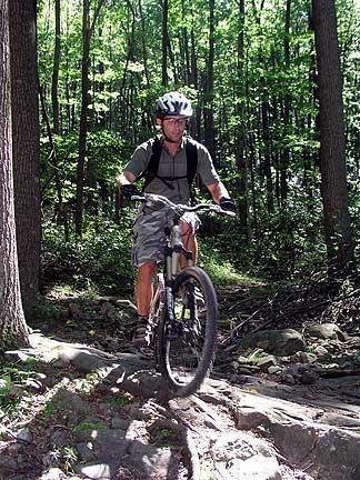 A mountain biker navigating a rocky trail in a forested area, wearing a helmet and protective gear, with tall trees and greenery in the background. Coopers Rock mountain bike trail.