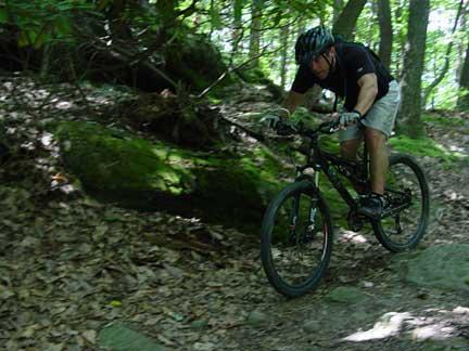 A mountain biker navigating a rugged trail through a forest, leaning forward on the bike as he approaches a rocky section with green moss and fallen leaves on the ground. Coopers Rock mountain bike trail.