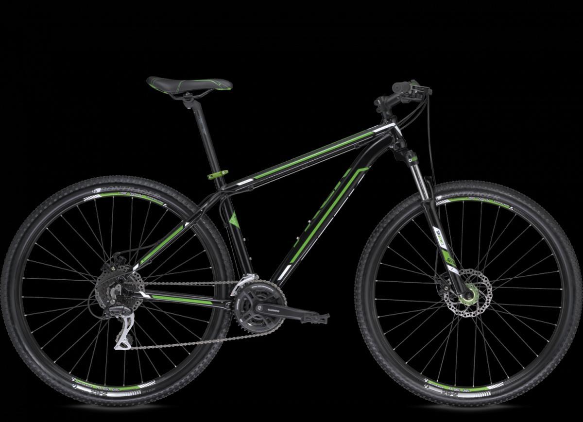 Gary Fisher Wahoo: A black and green mountain bike with a lightweight frame, disc brakes, and sturdy tires, displayed against a black background.
