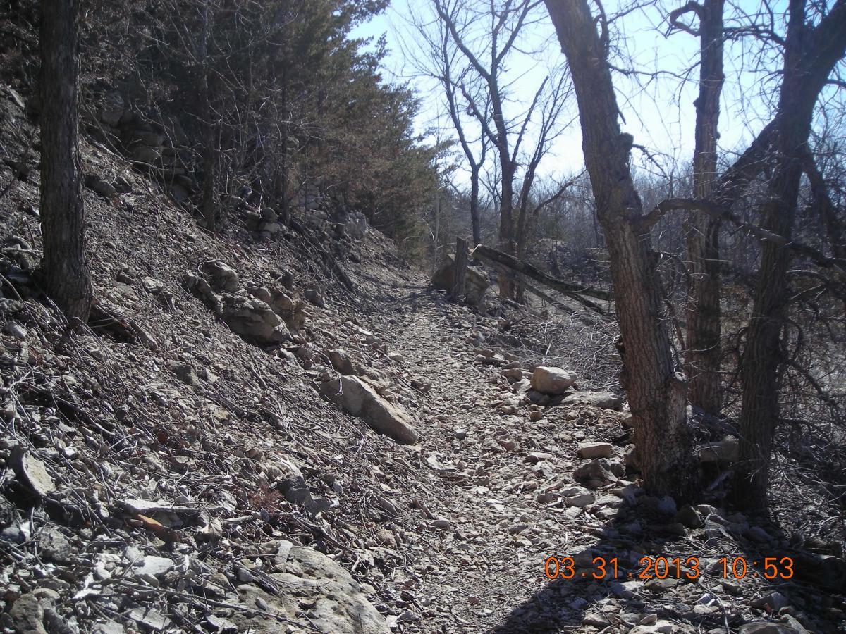 A narrow, rocky trail winding through a forested area with sparse trees and scattered rocks. The ground is covered with dry leaves and twigs, and sunlight filters through the branches overhead. The image is timestamped March 31, 2013, at 10:53. Melvern Riverfront Trails mountain bike trail.
